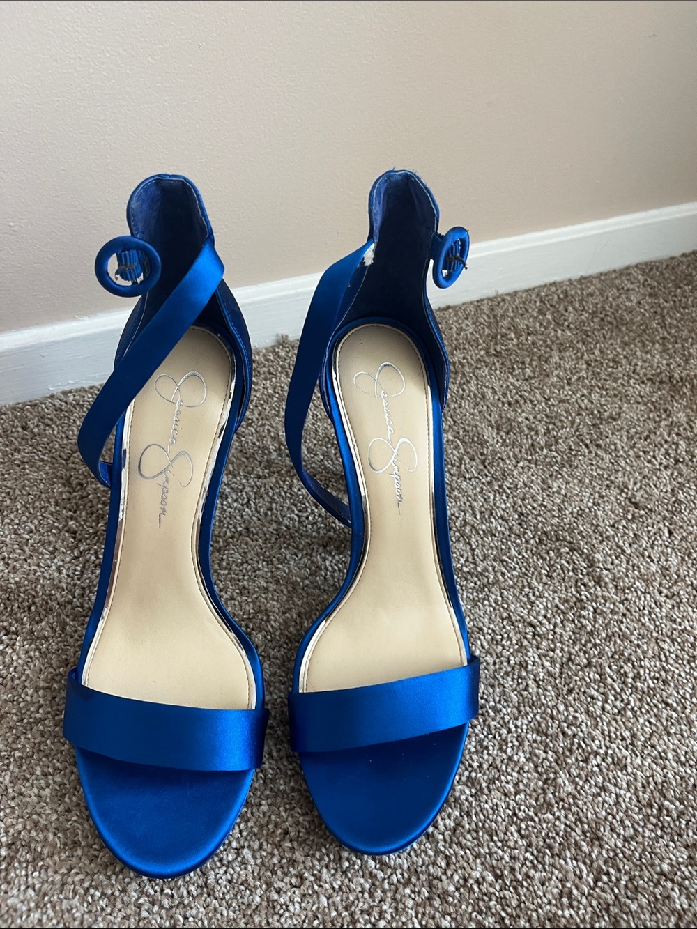 Jessica Simpson Cobalt Blue Satin Open-Toe Ankle Strap Heels